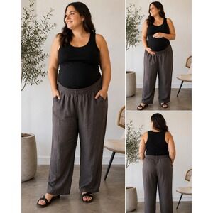 Emme Charcoal Gray 100% Linen Smocked Waist Straight Leg Pants Women 3XL NWT